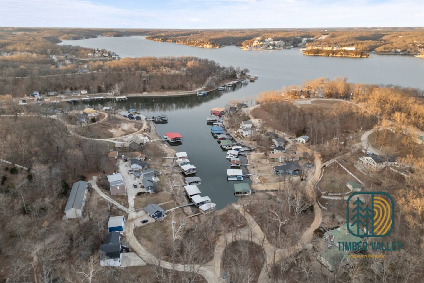 Aerial view of the Lake of the Ozarks near the Sunrise Beach house